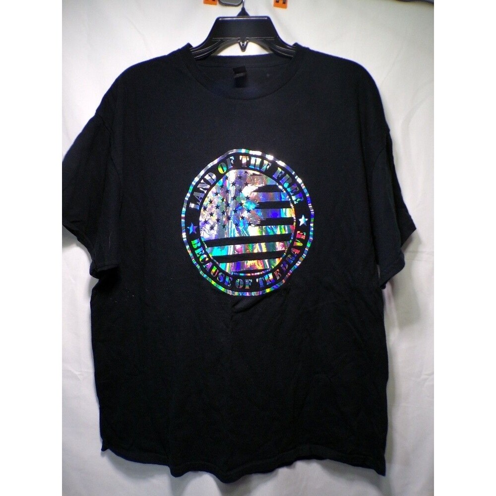 Gildan Men's XL Black Patriotic Graphic T Shirt Holographic Flag Crewneck
